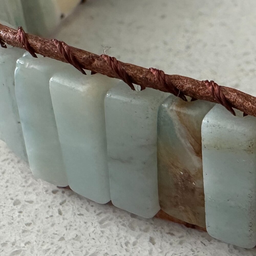 Artisan Light Blue Amazonite Beaded Leather Wrap Bracelet. Unisex - Picture 7 of 8